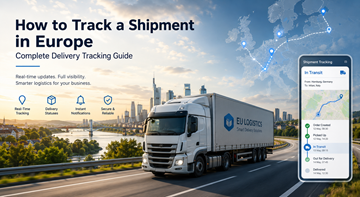 Dashboard til forsendelsessporing i europæisk logistik, der viser lastbilruter, GPS-sporing og leveringsstatusser på tværs af Europa